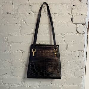 Salvatore Ferragamo Black Croc-Embossed Shoulder Bag